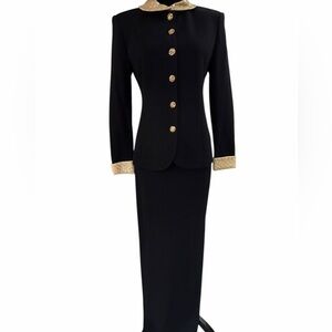 Vintage St. John Evening Black Knit Skirt Suit Gold Beaded Collar Cuffs USA Sz 2